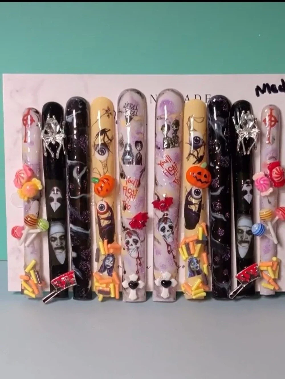Hand Crafted Halloween 6XL Press-On Nails - Black, White, Yellow, Purple, Orange